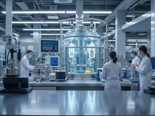 Industrial manufacturing facility with modern equipment and workers in protective gear, bright lighting