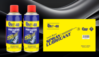 Multi-purpose penetrating oil spray can with blue and red label, metal nozzle, on workbench surface