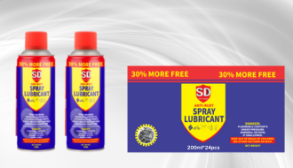 Rust remover spray can with yellow label, on metal workbench with rusted parts
