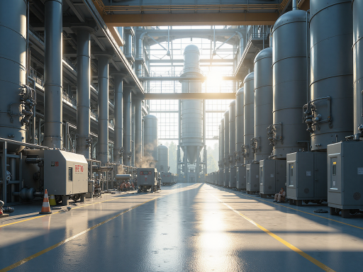 Modern industrial facility with solar panels and green technology, bright daylight